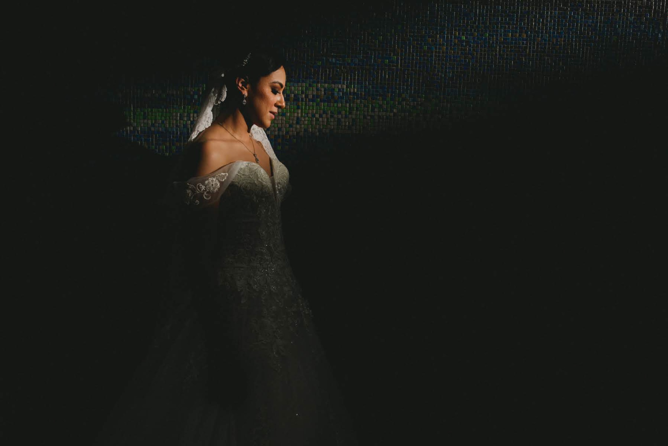 Retrato de la novia con su vestido iluminado entre sombras, fotografía de bodas elegante.